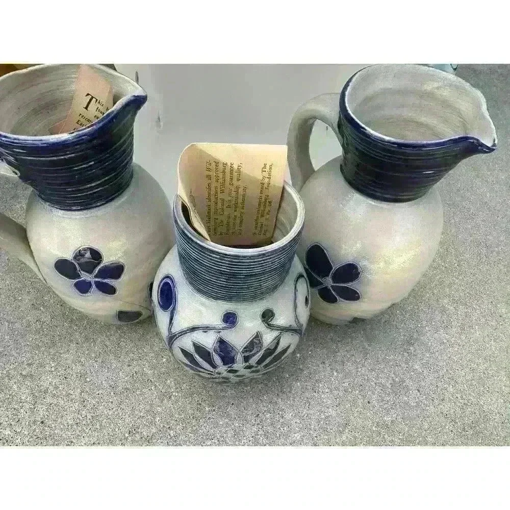 Williamsburg Pottery Pitcher Set Vintage Colonial Stoneware Blue Salt Glaze USA
